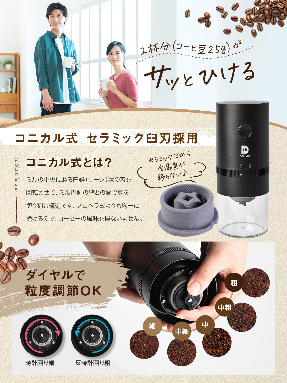 電動コーヒーミル セラミック 臼式 コニカル式 コードレス